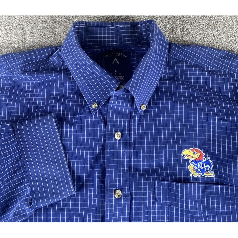 Antigua‎ Blue Plaid Kansas Jayhawks Button Down Mens L Preppy NCAA Cotton/Poly